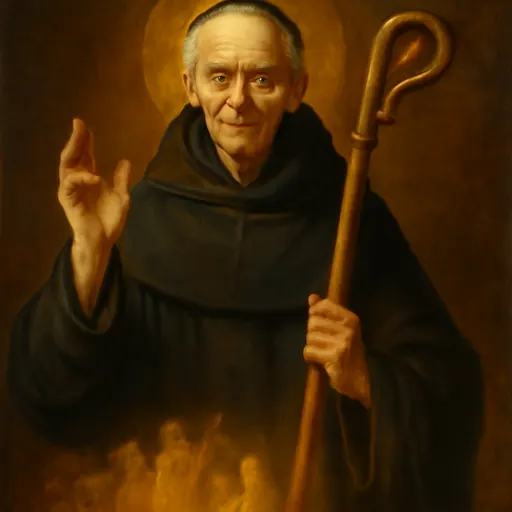 Oil-painting-style portrait of St. Odilo of Cluny, a small, thin, elderly Benedictine abbot in a black habit holding a crozier, with a faint glow of flames below