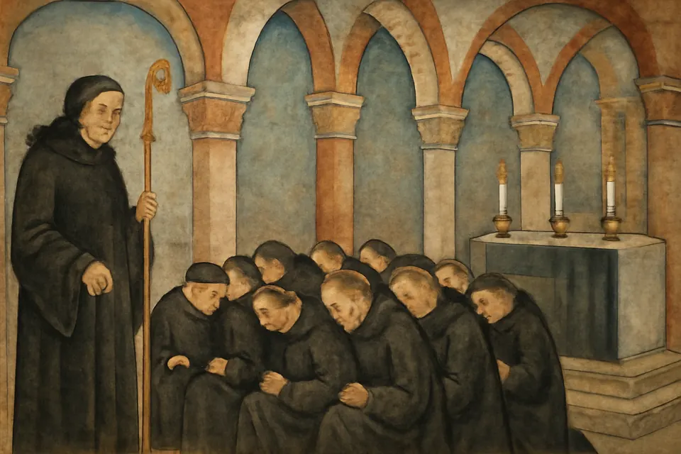 Fresco-style scene of Abbot Odilo leading his monks in prayer for the dead in a Romanesque abbey church