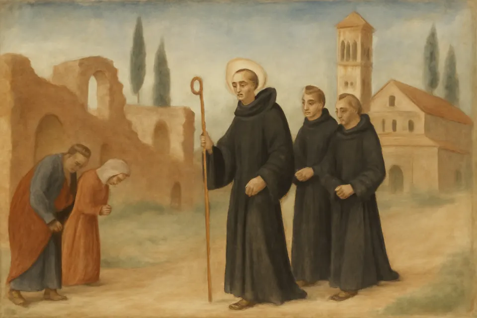 Fresco-style scene of a black-robed abbot crossing Rome on foot with two monks, the old basilicas and ruins behind them
