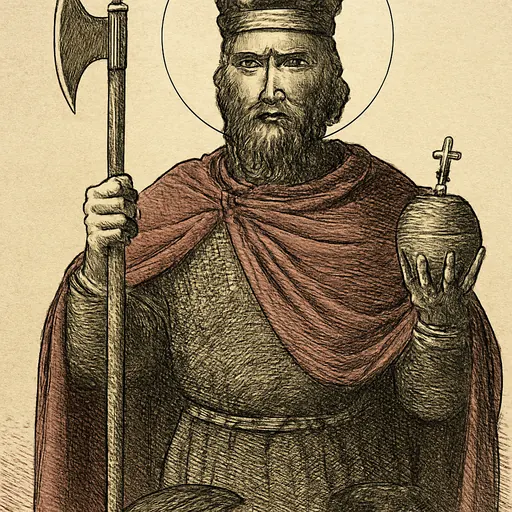 Oil-painting-style portrait of St. Olaf as a red-bearded Norse king in a gold crown and red cloak, holding a battle-axe and an orb