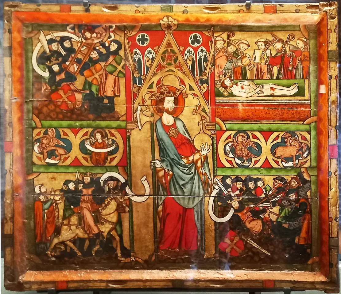 Medieval painted altar frontal with a central standing crowned king holding an axe, framed by scenes of a battle, his death and his body laid out on a bier