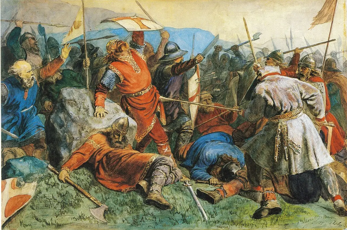 Watercolor of a battle in which a king in a red tunic, struck by spears, sinks down beside a large stone among fallen warriors and raised banners
