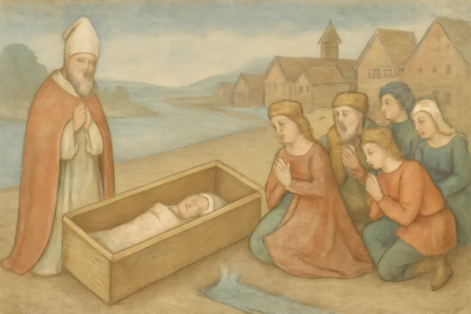 Illustration of Bishop Grimkel and the people of Nidaros gathered in reverence as King Olaf's coffin is opened a year after his death