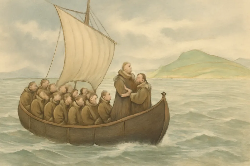 Watercolor-style scene of a leather boat carrying a group of Irish monks across a gray sea toward a low green island
