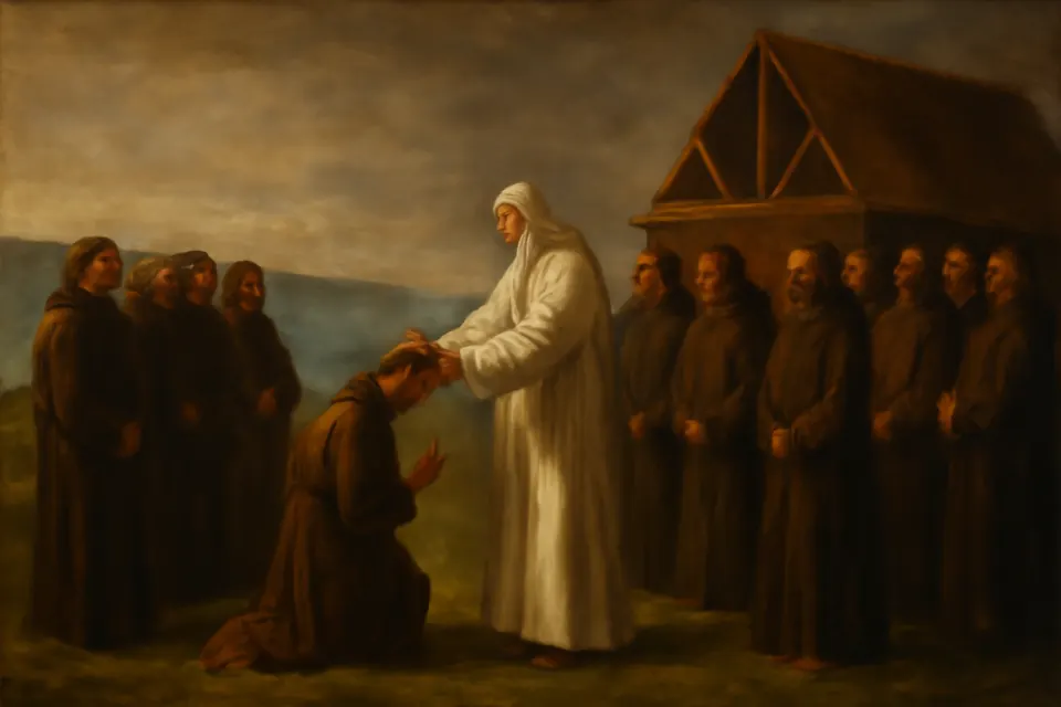 Oil-painting-style scene of an abbot blessing a kneeling monk among other monks on the green turf of an island beside a half-built wooden church