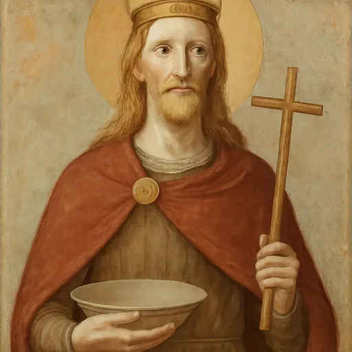 Fresco-style portrait of St. Oswald of Northumbria as a fair-haired young king with a thin beard, wearing a simple gold crown and holding a wooden cross