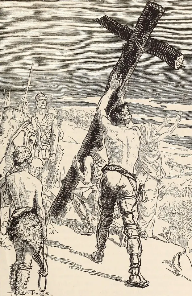 Black-and-white book illustration of warriors in skins and mail hauling a huge wooden cross upright on an open field as a crowd watches