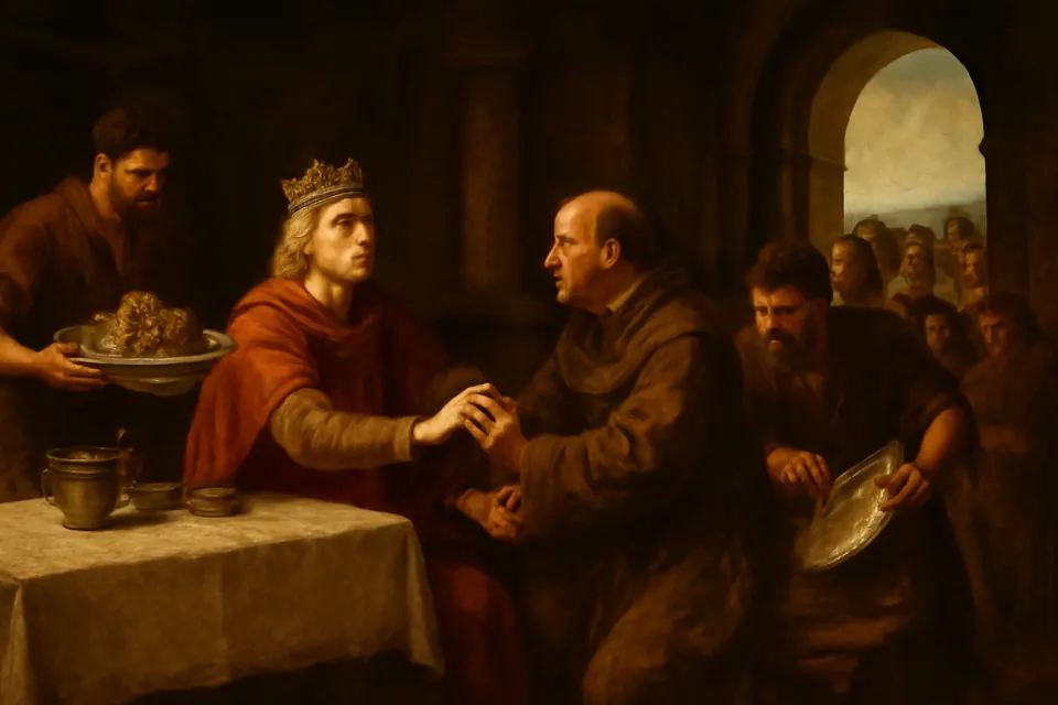 Oil-painting-style scene of King Oswald at an Easter meal ordering his silver dish to be broken up for the poor, as Bishop Aidan grasps his right hand