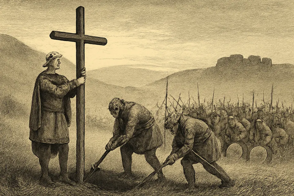 Engraving-style scene of King Oswald holding a rough wooden cross upright while his soldiers pack earth around its foot at dawn before the battle of Heavenfield