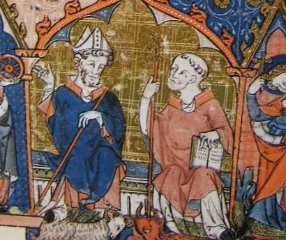 Medieval manuscript painting on a gold patterned ground of a bishop in a blue chasuble with a ram beneath him and a tonsured abbot holding a book with a bull beneath him
