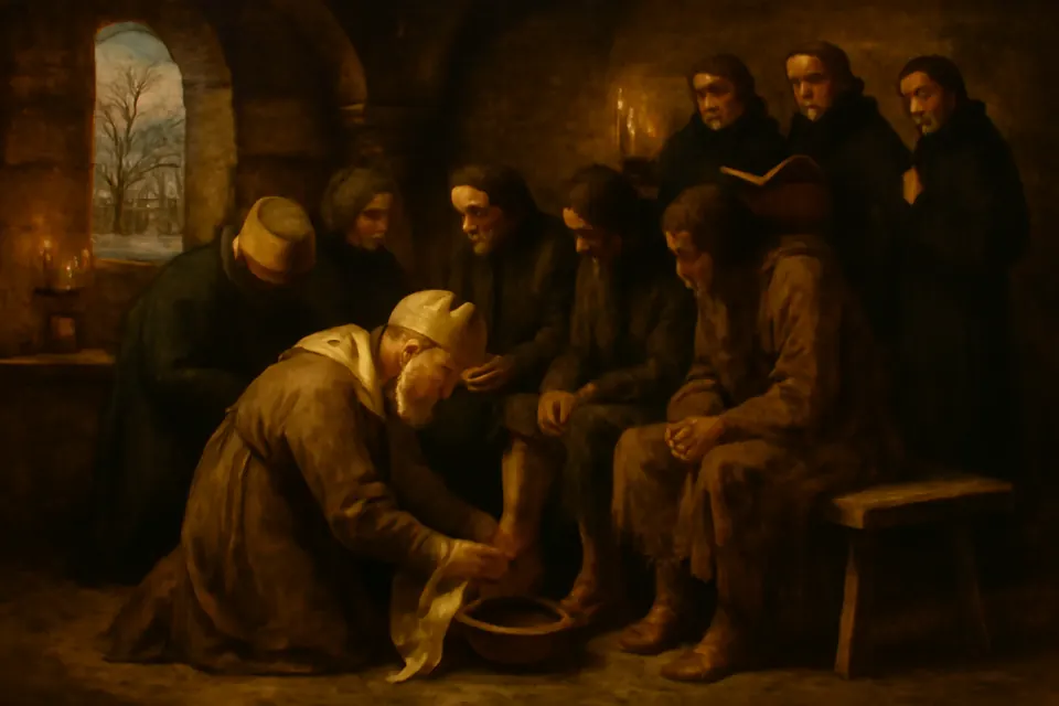 Oil-painting-style scene of an elderly bishop kneeling with a basin and towel to wash the feet of poor men seated on a bench in a stone church