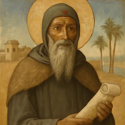Fresco-style portrait of St. Pachomius the Great, an Egyptian abbot with a long gray beard in a dark monastic habit and cowl, holding a scroll of his rule