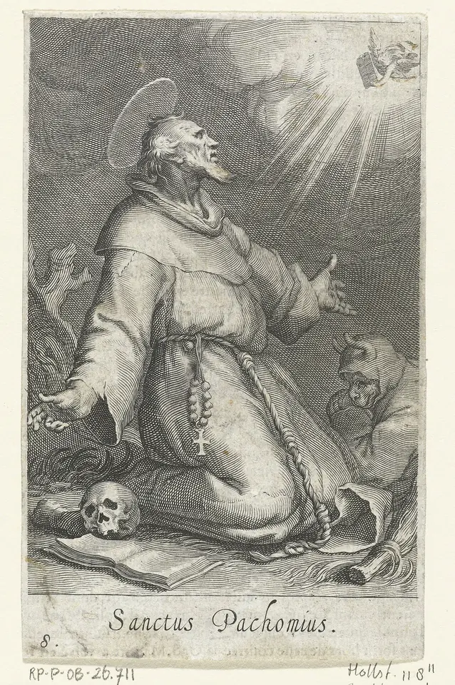 Engraving of a kneeling bearded monk in a habit with a rosary, gazing up at an angel holding a tablet in a burst of light, a skull and book at his knees