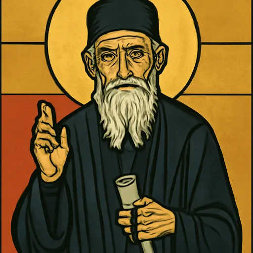 Icon-style portrait of St. Paisios as an elderly Orthodox monk with a white beard, a black knitted cap and a black cassock, holding a scroll and raising his hand in blessing