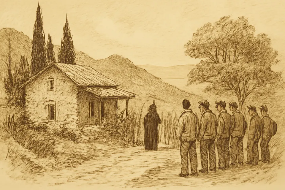 Drawing of pilgrims waiting at the gate of a small stone hermitage on Mount Athos, where an old monk greets them