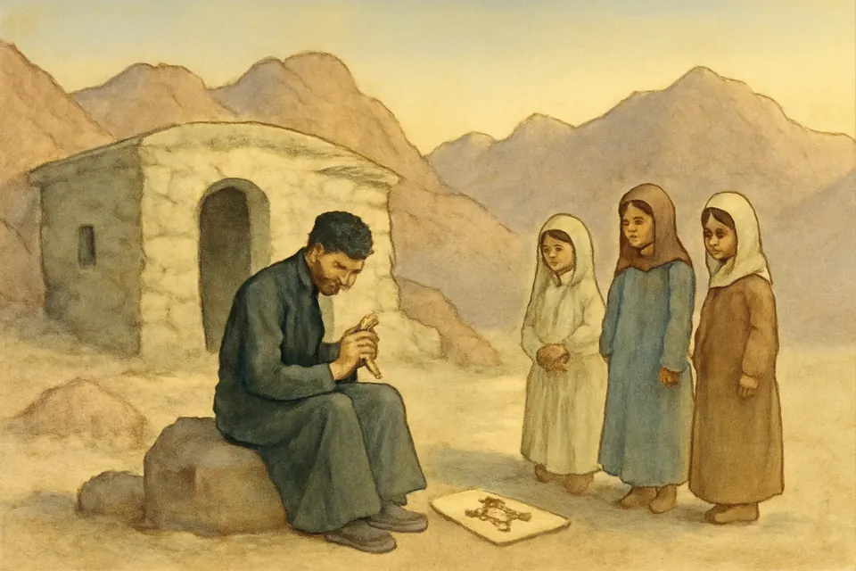Illustration of an older monk in black carving small wooden crosses outside a stone cell in the Sinai desert while Bedouin children watch