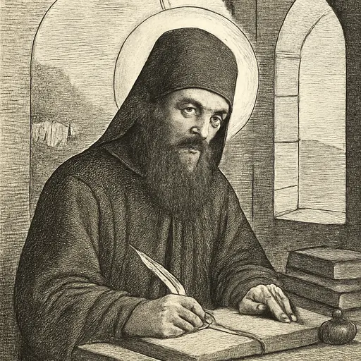 Engraving-style portrait of St. Paisius of Hilendar, a middle-aged Orthodox monk with a dark beard in a black habit and hood, writing with a quill at a wooden desk by a monastery window