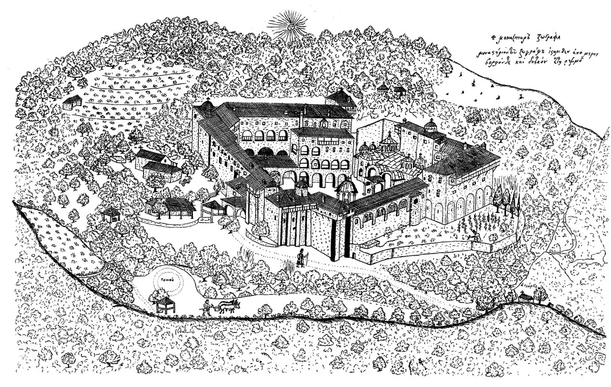 Detailed pen drawing of a walled monastery with domed churches and buildings around a courtyard, set among wooded hills