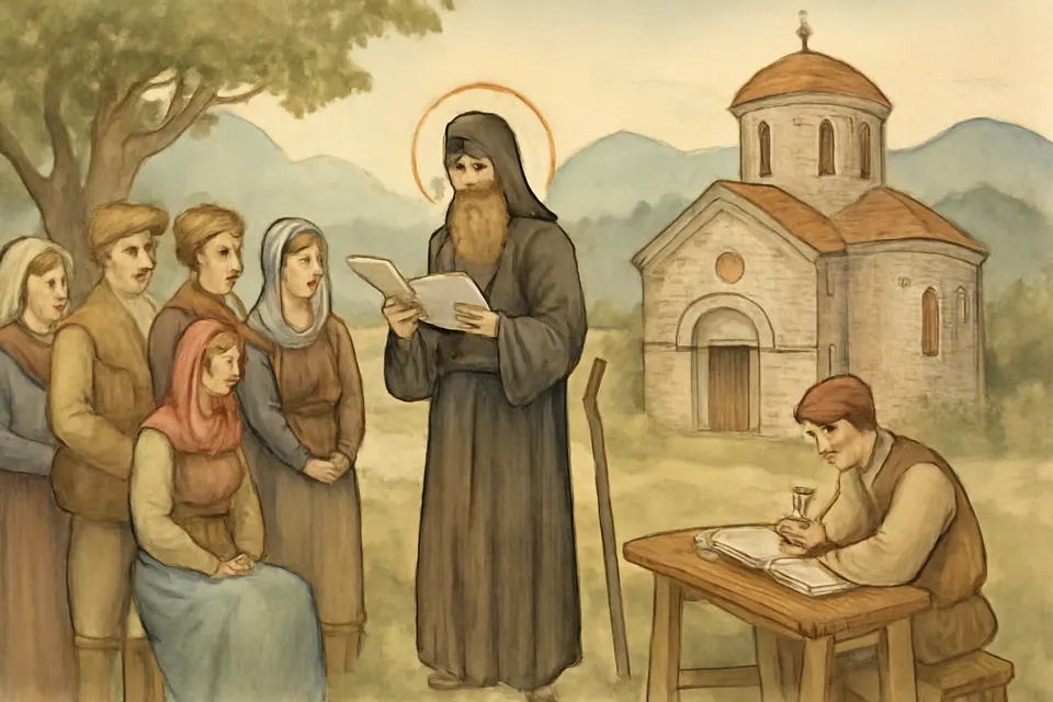Watercolor-style scene of villagers gathered in a churchyard listening as a traveling monk reads aloud from a handwritten book