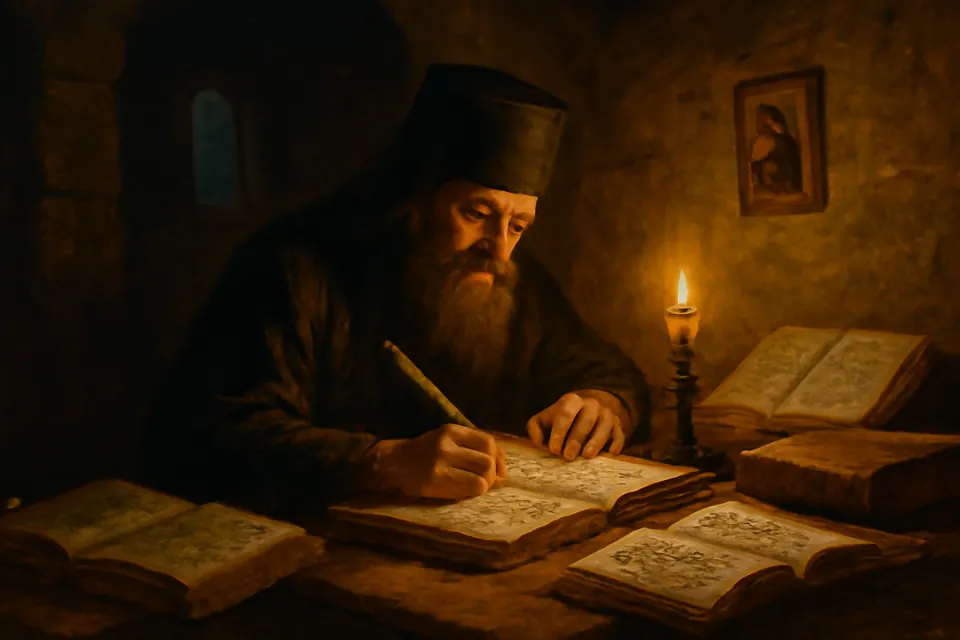 Oil-painting-style scene of a monk writing by candlelight in a monastery cell piled with old chronicles and manuscripts