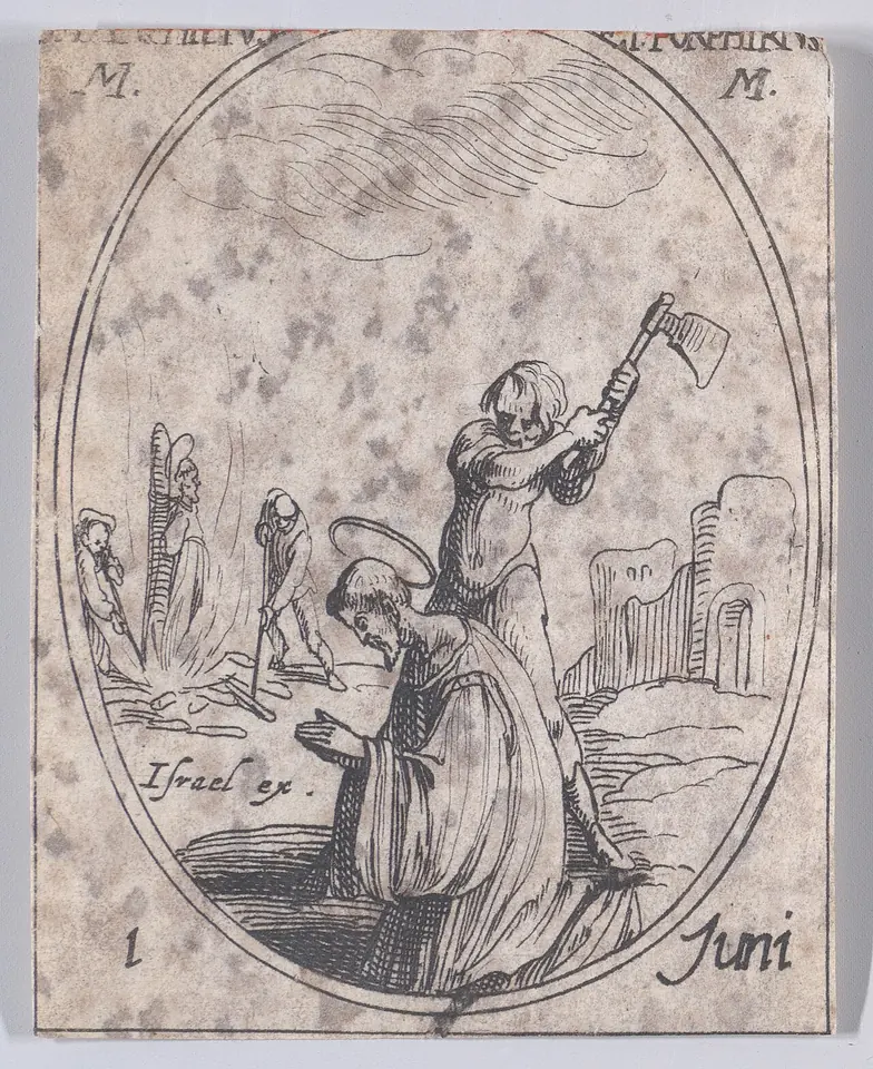 Small oval etching of a haloed man kneeling in prayer as an executioner raises an axe behind him, with other figures and ruins in the background
