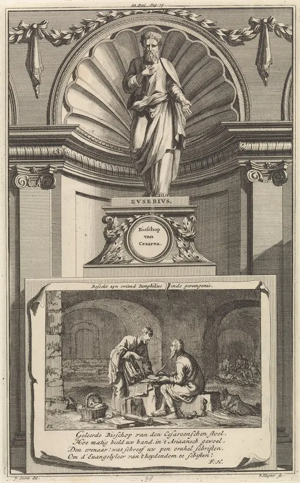 Engraving of a bishop's statue in a shell niche above a small scene of a visitor sitting with a prisoner in a vaulted cell