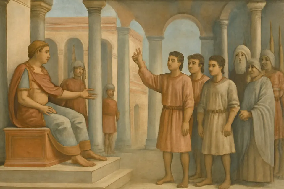 Fresco-style scene of five young Egyptian Christians standing before a Roman governor on a judgment seat, one pointing upward toward the sky