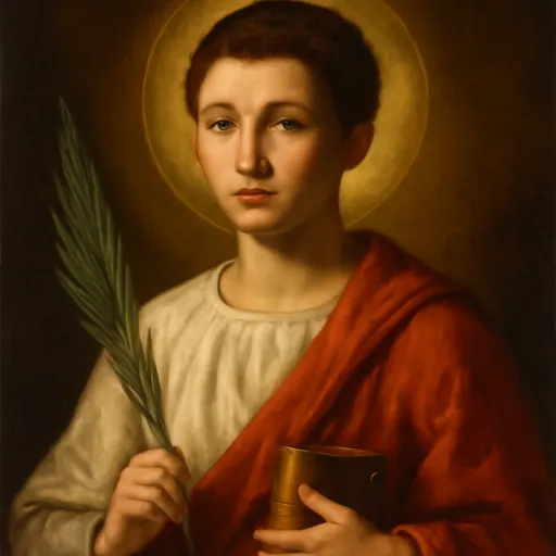 Oil-painting-style portrait of St. Pancras of Rome as a fourteen-year-old boy in a Roman tunic and cloak, holding a palm branch, with a calm, steady expression