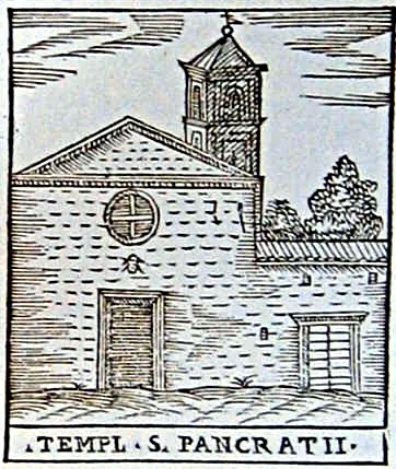 A woodcut of a simple church with a bell tower and round window, labeled Templ. S. Pancratii