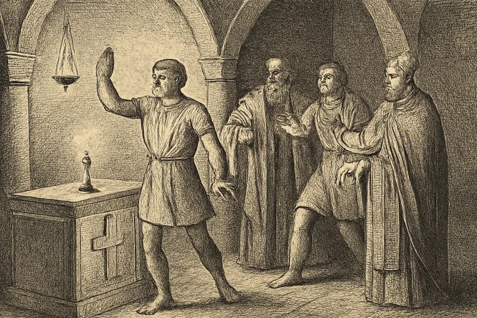 Engraving-style scene of a man swearing a false oath at the tomb of St. Pancras, his raised hand frozen in the air, while a judge and witnesses step back in alarm