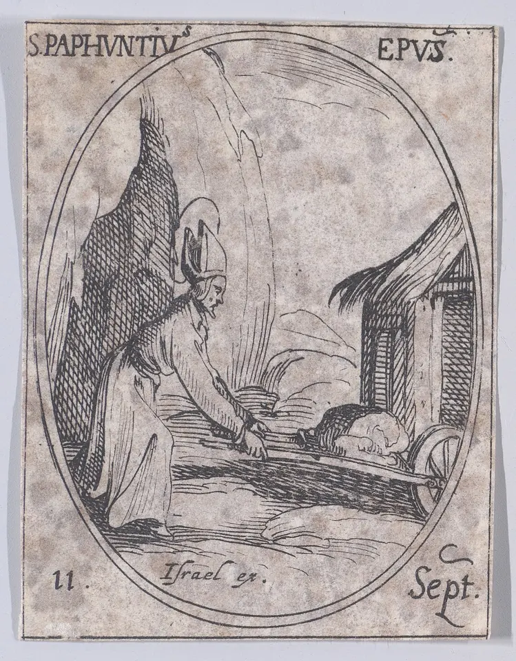 A small oval etching of a bishop in a miter bending to push a laden wheeled barrow in front of a thatched hut, labeled S. Paphnutius Epus and 11 Sept