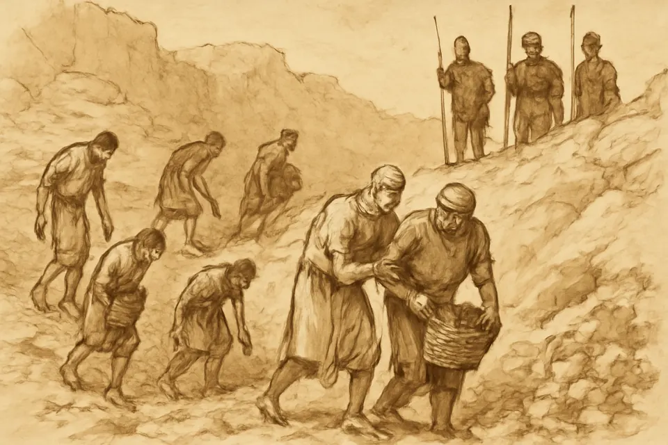 Ink-drawing-style scene of chained Christian prisoners carrying baskets of stone in a desert quarry under Roman guards, one older man with a bandaged eye among them