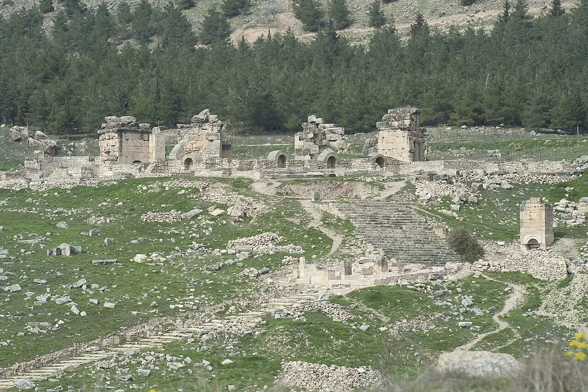Stone ruins of an ancient octagonal church on a green hillside above the ancient city of Hierapolis, with pine woods behind
