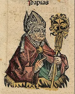 A hand-colored woodcut of a bishop in a red cope and white miter holding a golden crosier, with the name Papias above him