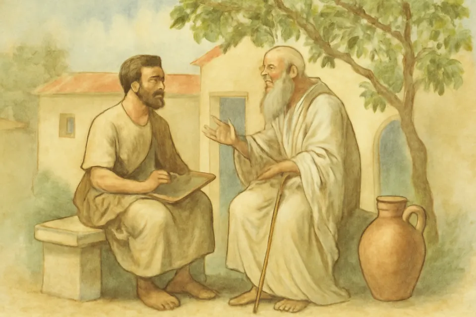 Watercolor-style scene of a younger man in a courtyard listening carefully as an old traveler tells stories, with a tablet and stylus in his hands
