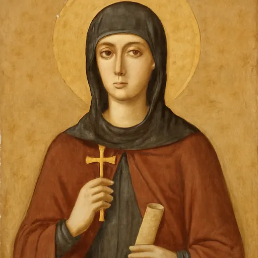 Fresco-style portrait of St. Paraskeva of the Balkans as a young nun in a dark brown veil and red mantle, holding a small cross before her and a rolled scroll