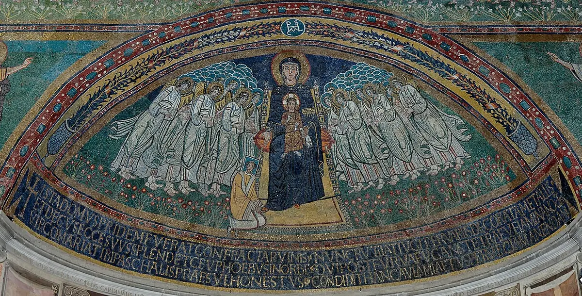 A gold and green apse mosaic of the Virgin enthroned with the Child among rows of angels, with a small kneeling pope at her feet touching her slipper