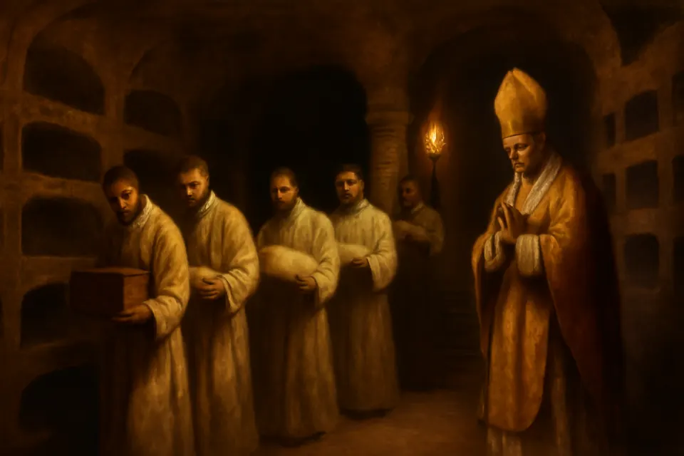 Oil-painting-style scene of clerics with torches carrying wrapped relics out of an underground catacomb gallery while a pope watches and prays