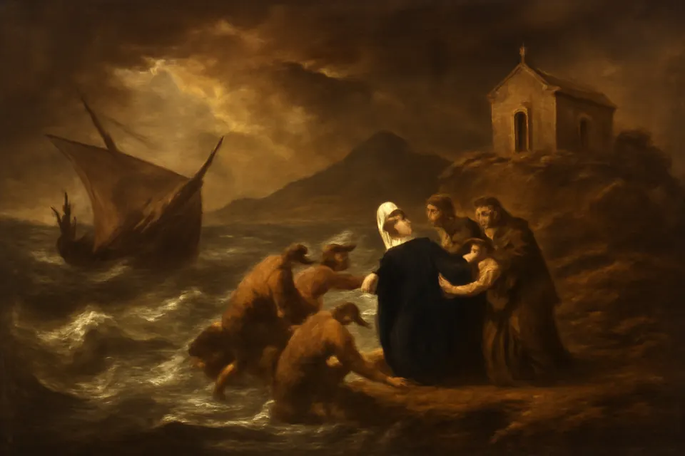 Oil-painting-style scene of a small ship driven by a storm onto the rocky islet of Megaride in the Bay of Naples, with a veiled young woman and her companions being helped ashore