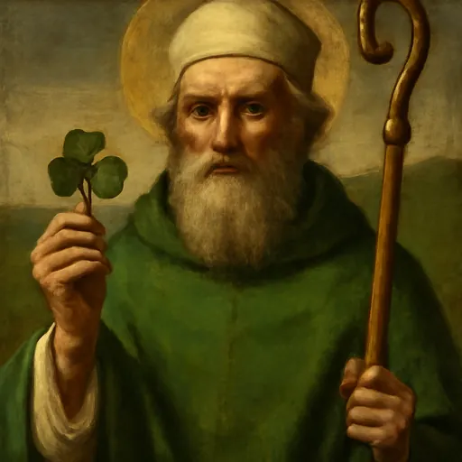 Oil-painting-style portrait of St. Patrick as a gray-bearded bishop in a green chasuble and white miter, holding a crozier and a sprig of shamrock