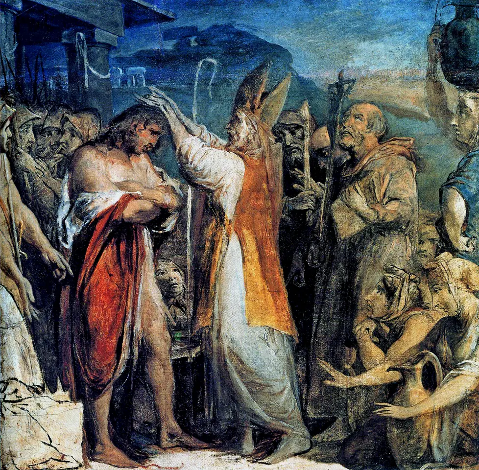 Painting of a bishop in a tall miter laying his hands on the bowed head of a bare-shouldered king in a red cloak, while monks, soldiers and women with water jars crowd around