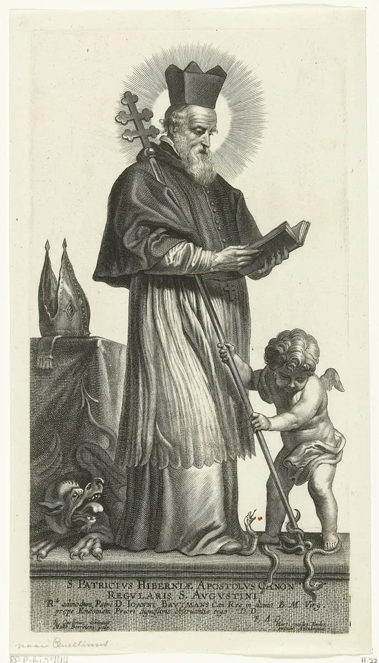 Engraving of St. Patrick standing in a cassock and cape, reading a book, with a halo and miter, while a small angel at his feet holds his crozier and snakes writhe on the ground