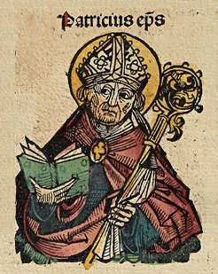 Hand-colored woodcut of a bishop in a gold miter and red cope reading a green book and holding a crozier, labeled "Patricius eps"
