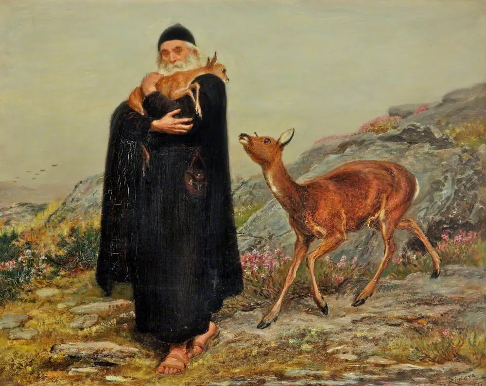 Painting of an old monk in a dark hooded robe walking over a rocky hillside carrying a fawn in his arms while a doe walks beside him looking up
