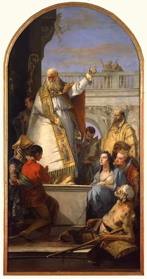 Tall arched Baroque altarpiece of a white-bearded St. Patrick in white and gold vestments standing on a raised step with his hand lifted, while a crippled man with a crutch sits below and kneeling onlookers watch