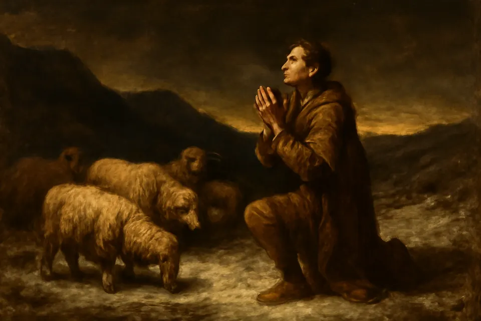 Illustration of the teenage Patrick, a slave shepherd, praying alone on a snowy Irish hillside before dawn