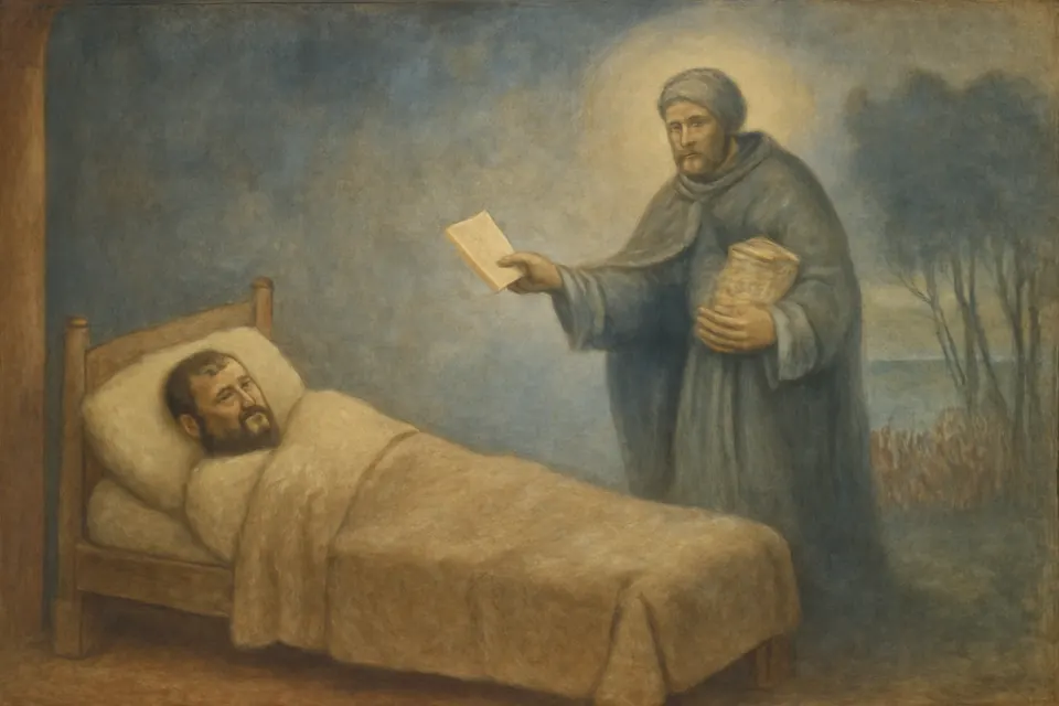 Illustration of Patrick asleep in Britain, dreaming of a man named Victoricus who brings him letters from Ireland