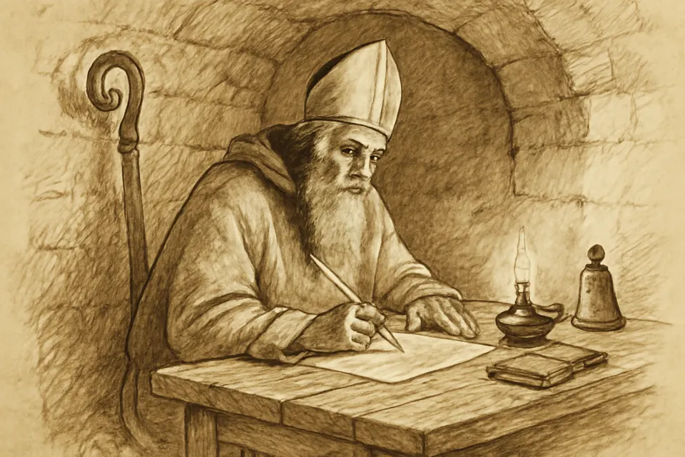 Illustration of the aged bishop Patrick writing his Confessio by lamplight