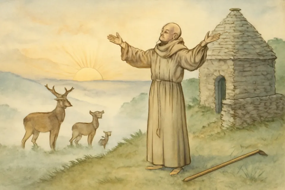 Illustration of an early Irish monk in a plain wool habit standing on a green hilltop at dawn with his arms stretched out in prayer, while two deer graze in the mist below