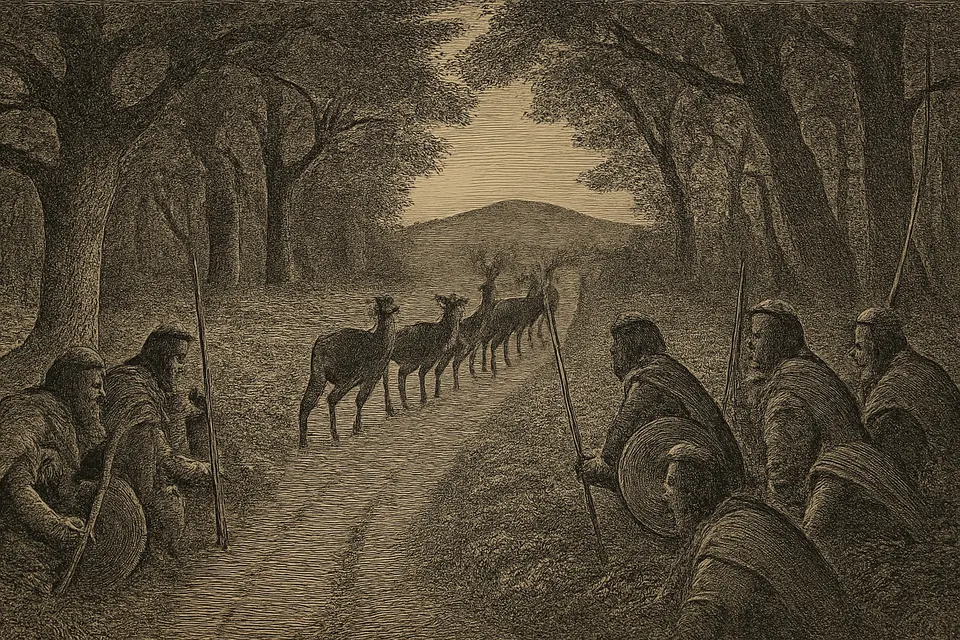 Engraving-style illustration of armed warriors hidden in the brush beside a forest road, watching eight deer and a fawn walk past them toward a distant hill